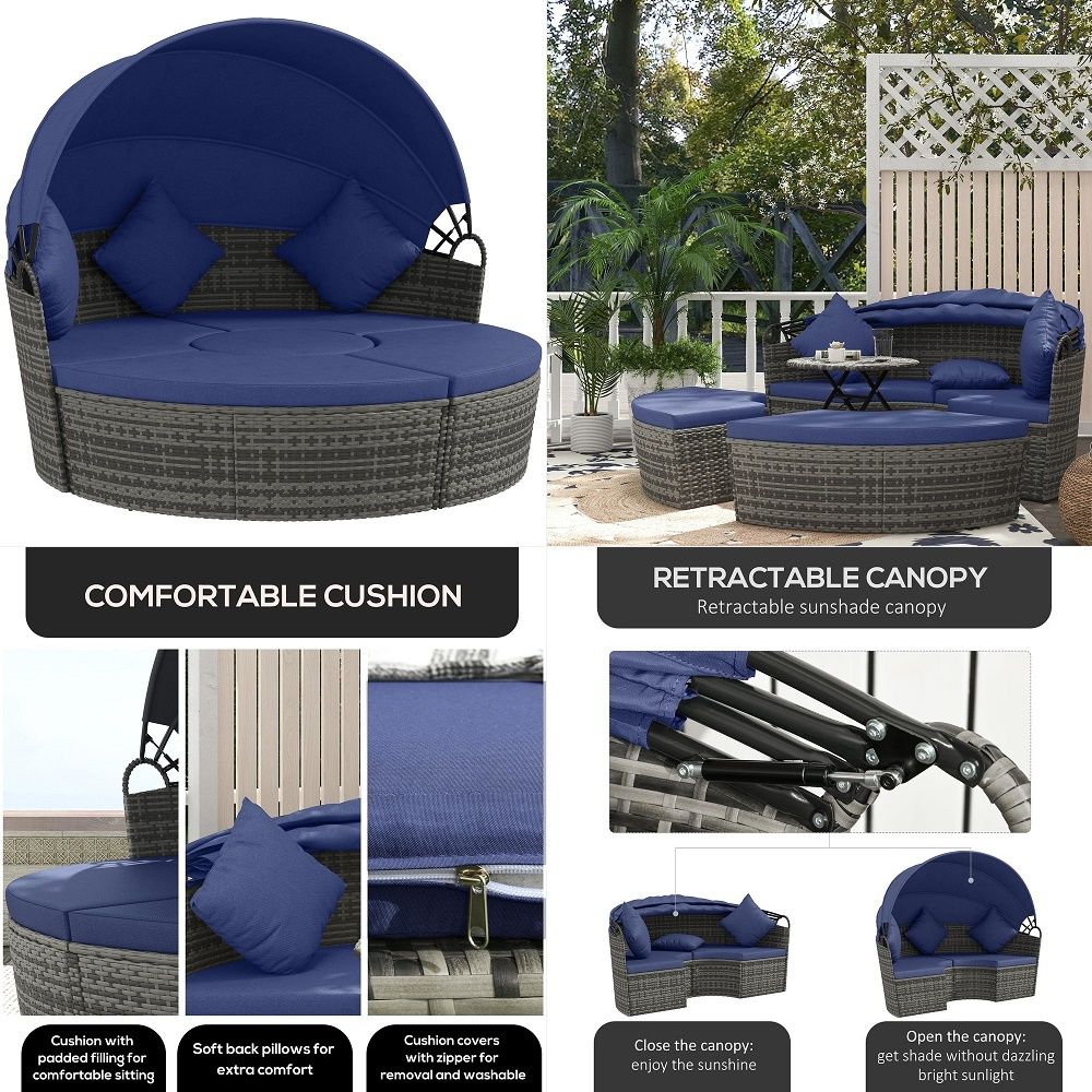 Outdoor Furniture Sofa - 4 Piece Round Rattan Daybed, Convertible
